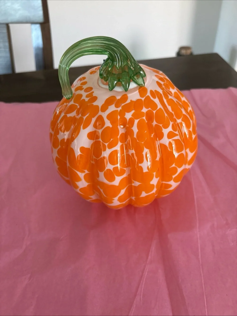 Handblown Glass White With Orange Spots Pumpkin Green Stem
